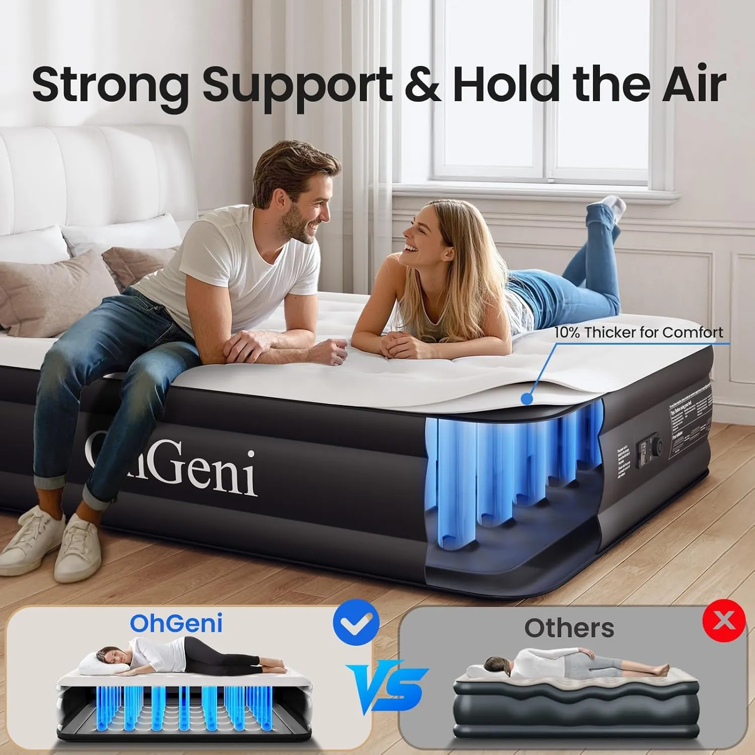 OhGeni Queen Air Mattress with Built in Pump, 18 Raised Comfort Inflatable Mattress, Quiet Surface Portable Blow Up Mattress, Air Bed for Home and Guest, Colchone Inflable, 650 lbs Max