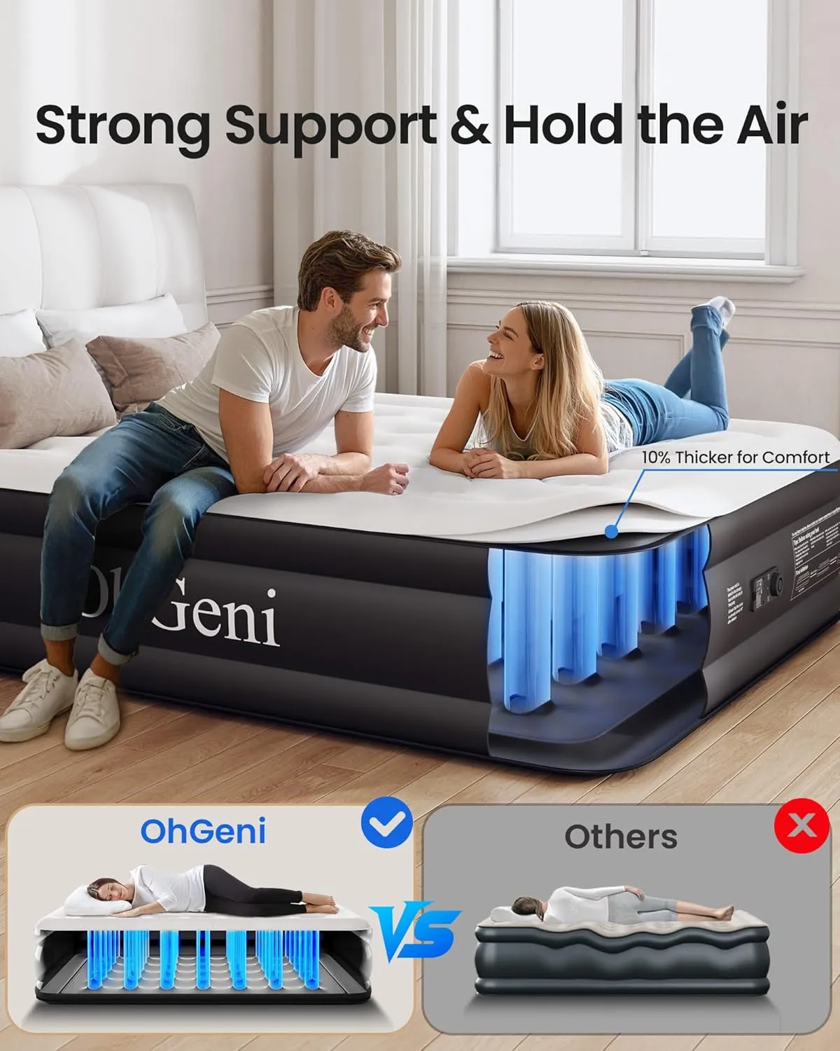 OhGeni Queen Air Mattress with Built in Pump, 18 Raised Comfort Inflatable Mattress, Quiet Surface Portable Blow Up Mattress, Air Bed for Home and Guest, Colchone Inflable, 650 lbs Max