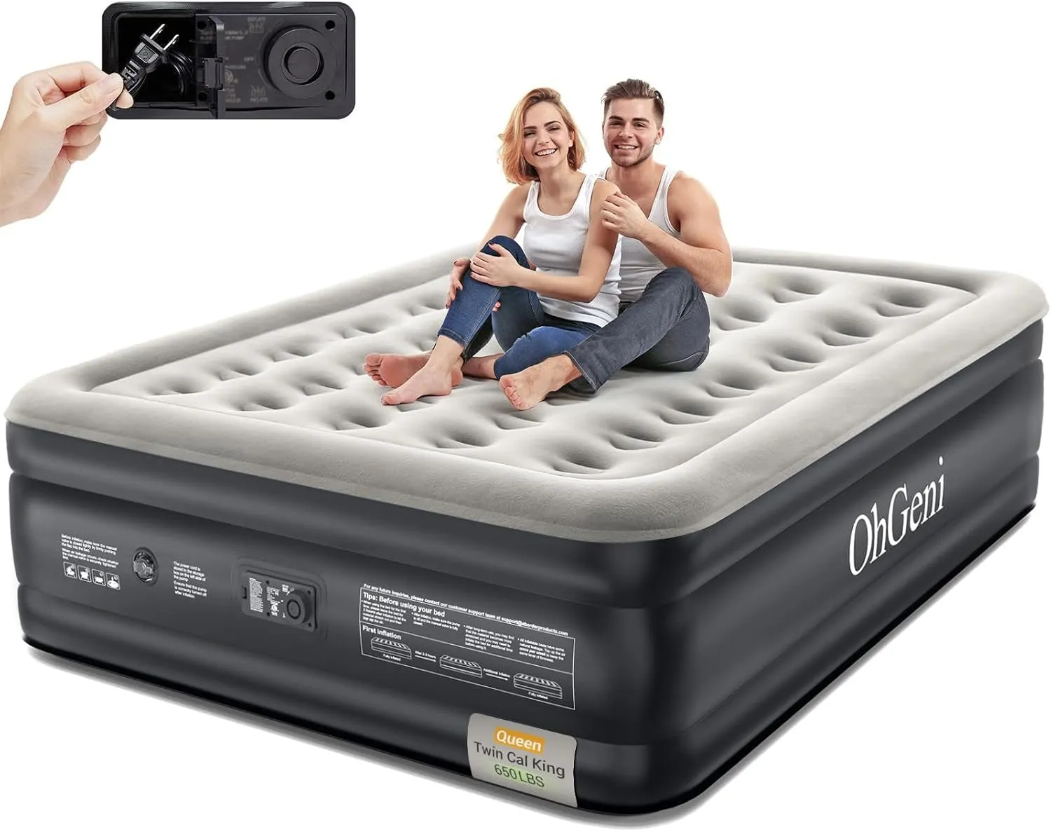 OhGeni Queen Air Mattress with Built in Pump, 18 Raised Comfort Inflatable Mattress, Quiet Surface Portable Blow Up Mattress, Air Bed for Home and Guest, Colchone Inflable, 650 lbs Max