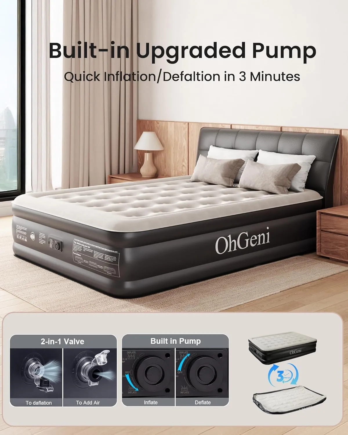 OhGeni Queen Air Mattress with Built in Pump, 18 Raised Comfort Inflatable Mattress, Quiet Surface Portable Blow Up Mattress, Air Bed for Home and Guest, Colchone Inflable, 650 lbs Max