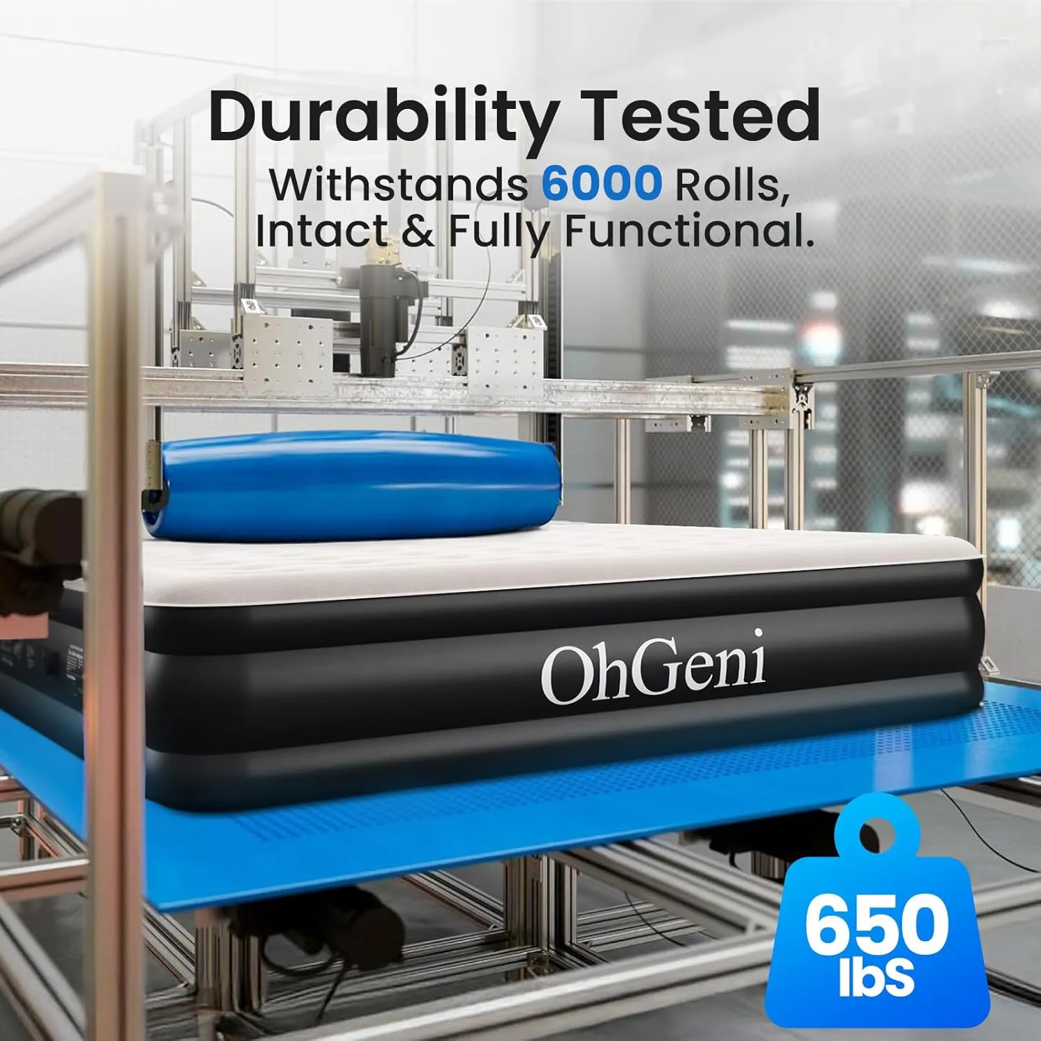 OhGeni Queen Air Mattress with Built in Pump, 18 Raised Comfort Inflatable Mattress, Quiet Surface Portable Blow Up Mattress, Air Bed for Home and Guest, Colchone Inflable, 650 lbs Max
