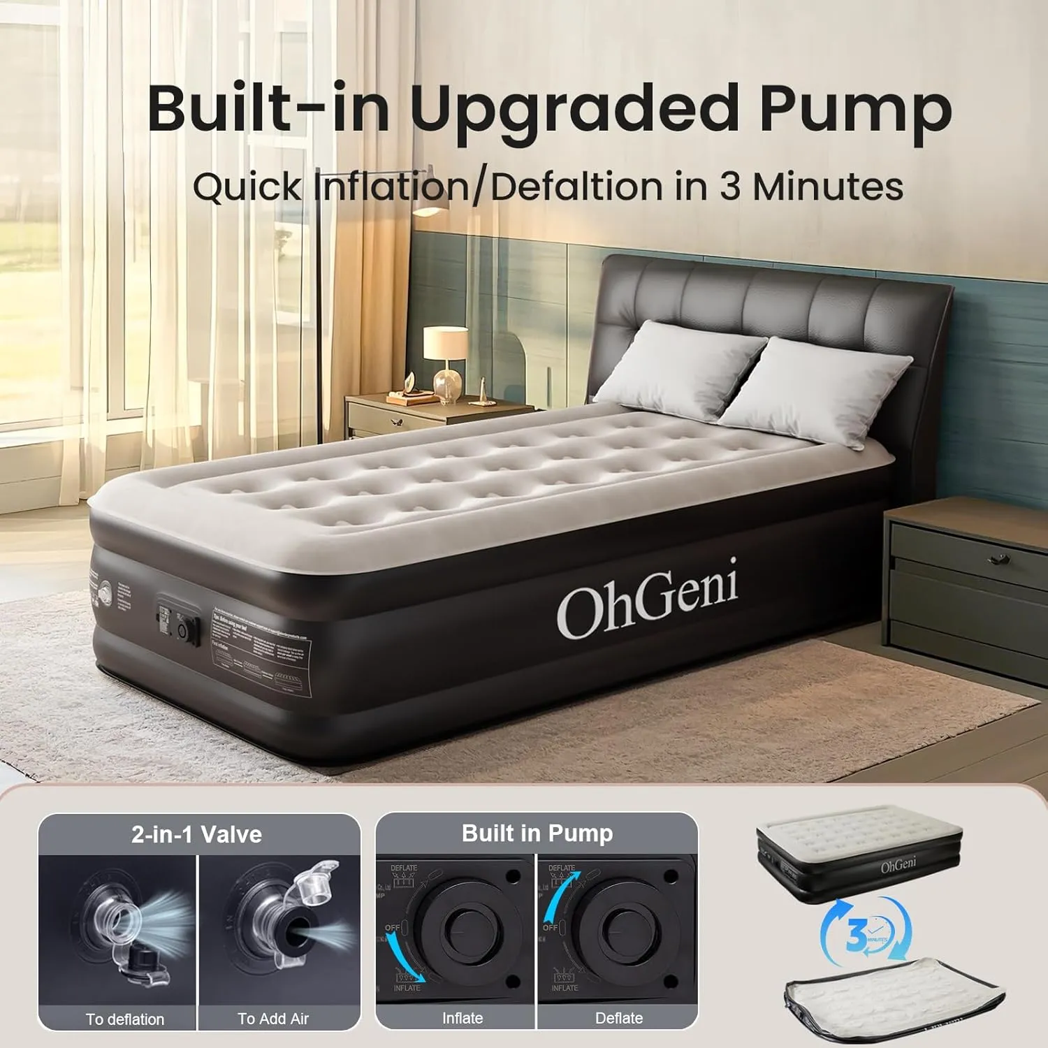OhGeni Twin Air Mattress with Built in Pump for Guest, 18in Tall Colchon Inflables Blow Up Air Bed with Carrying Bag for Camping, Raised Elevated Double Airbed, Foldable & Portable Air Mattress, Black
