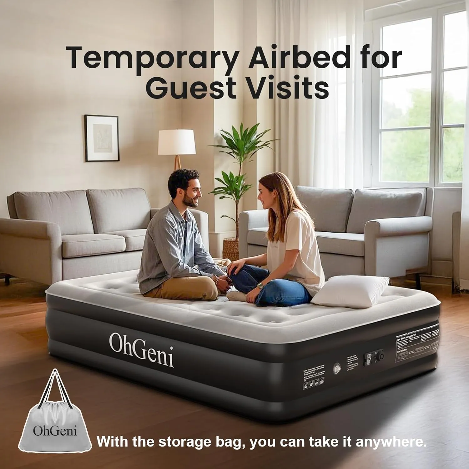 OhGeni Twin Air Mattress with Built in Pump for Guest, 18in Tall Colchon Inflables Blow Up Air Bed with Carrying Bag for Camping, Raised Elevated Double Airbed, Foldable & Portable Air Mattress, Black