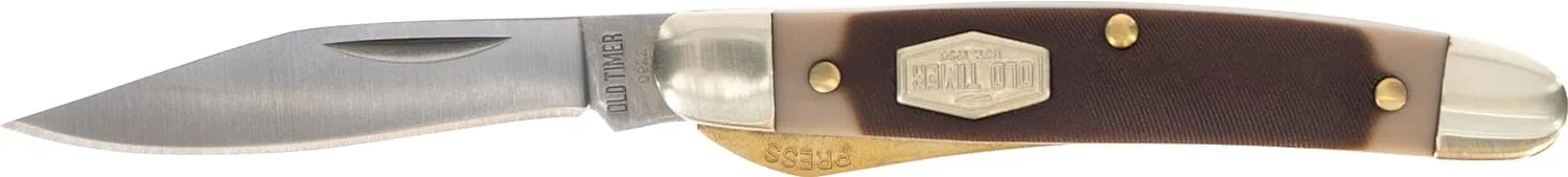 Old Timer 18OT Mighty Mite 4.7in Stainless Steel Traditional Folding Pocket Knife with 2in Clip Point Blade, Nickel Silver Bolsters, and Sawcut Handle for Whittling, Hunting, Camping, EDC, and Outdoor