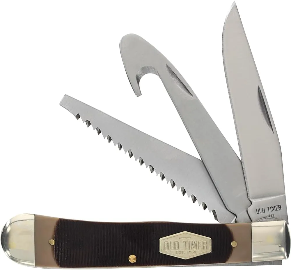 Old Timer 69OT Premium Trapper 7.4in High Carbon S.S. Traditional Folding Pocket Knife with Clip Point Blade, Sawcut Handle, and Convenient Size for Everyday Carry, Hunting, Camping, and Outdoors