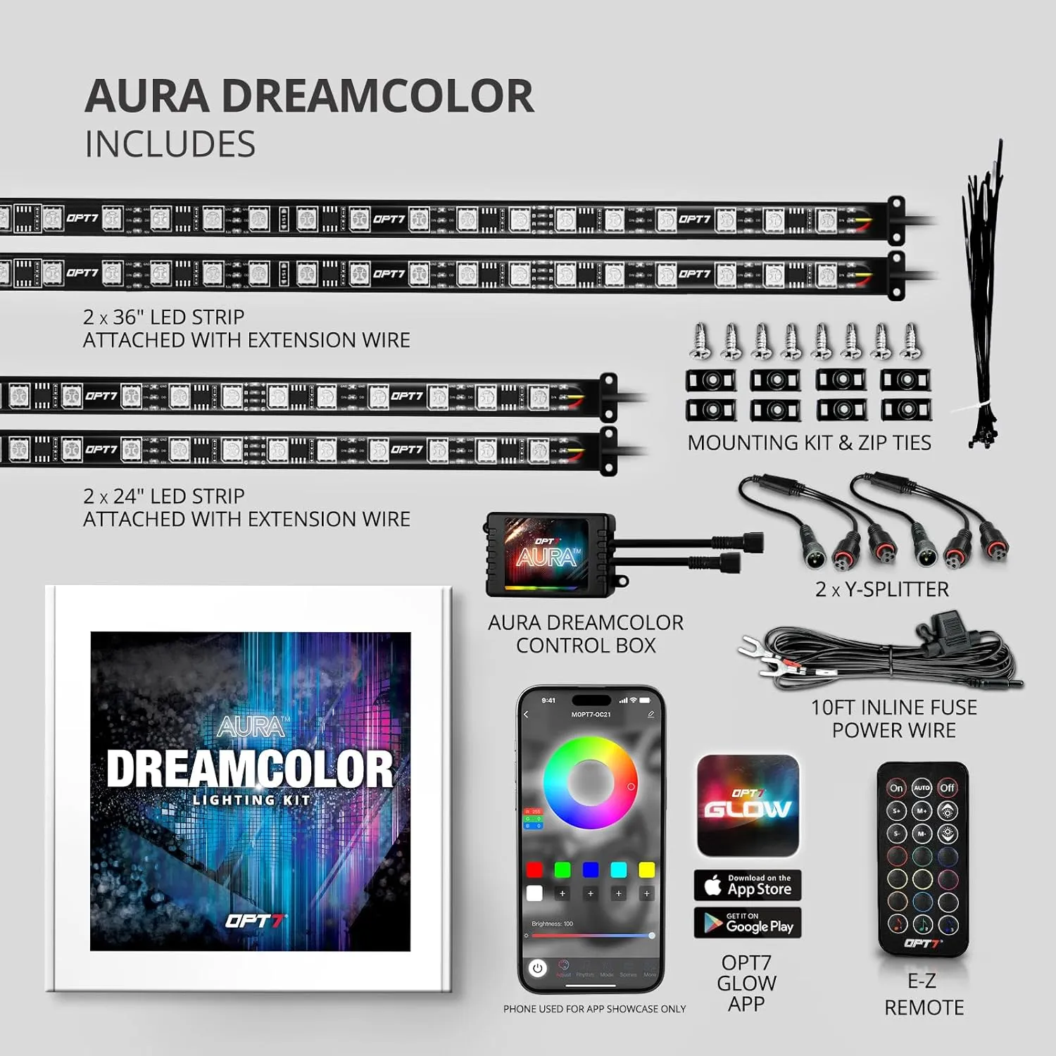 OPT7 Aura DreamColor Golf Cart Underglow LED Chasing Light Kit with App & Remote Control, 4PC Waterproof RGB-IC Lighting Strips, Sound Activated Exterior Underbody Lights for EZGO Yamaha Club Car, 12V