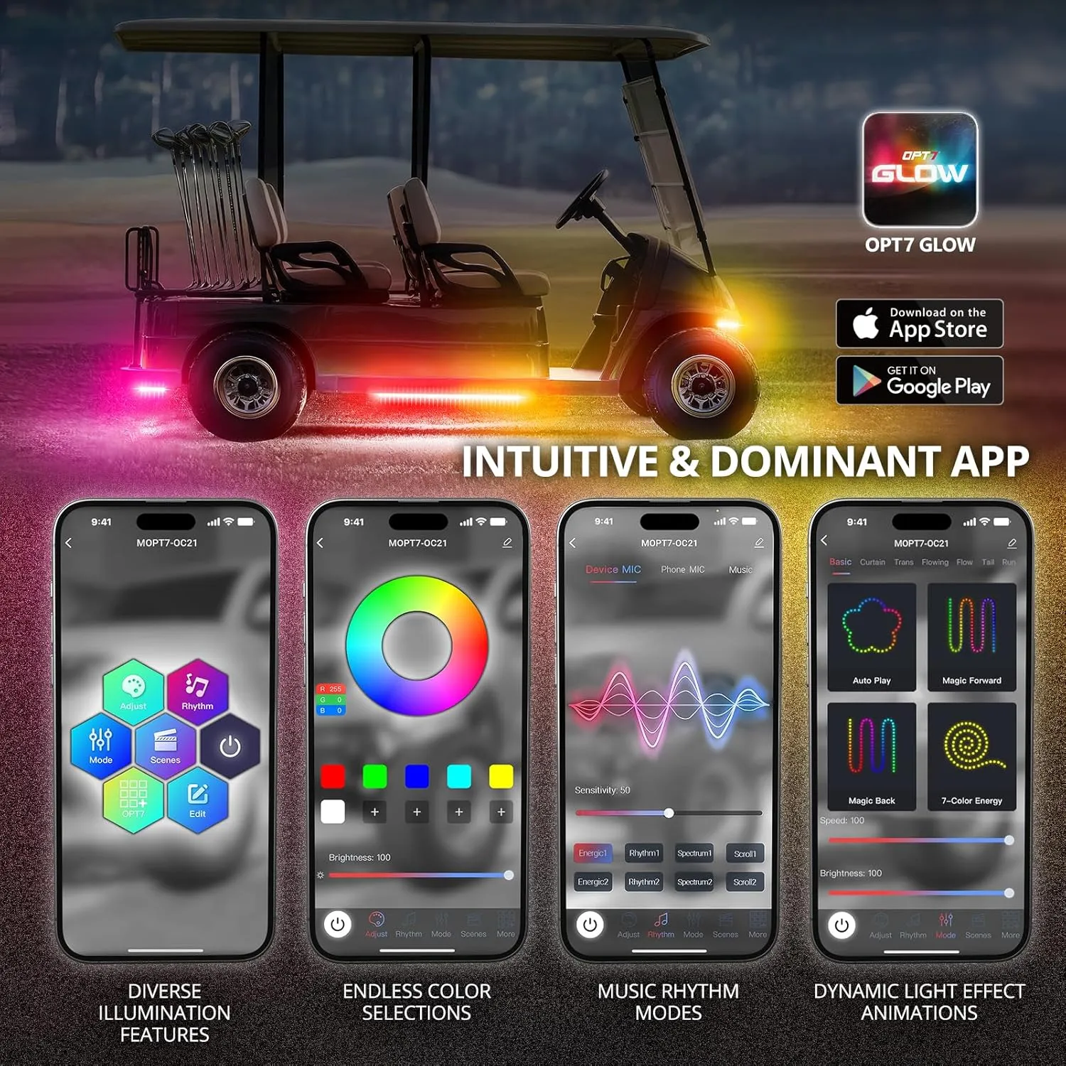 OPT7 Aura DreamColor Golf Cart Underglow LED Chasing Light Kit with App & Remote Control, 4PC Waterproof RGB-IC Lighting Strips, Sound Activated Exterior Underbody Lights for EZGO Yamaha Club Car, 12V