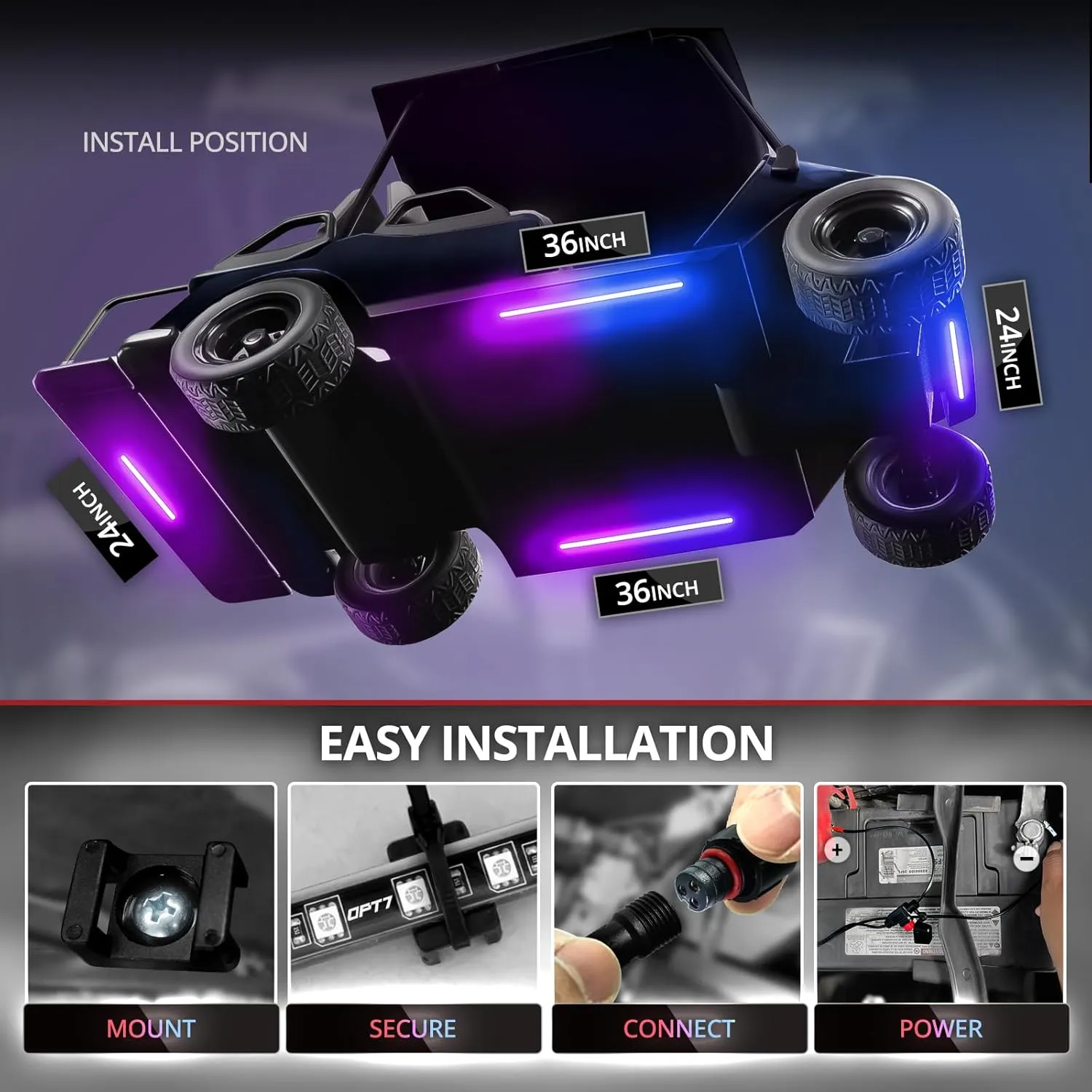 OPT7 Aura DreamColor Golf Cart Underglow LED Chasing Light Kit with App & Remote Control, 4PC Waterproof RGB-IC Lighting Strips, Sound Activated Exterior Underbody Lights for EZGO Yamaha Club Car, 12V