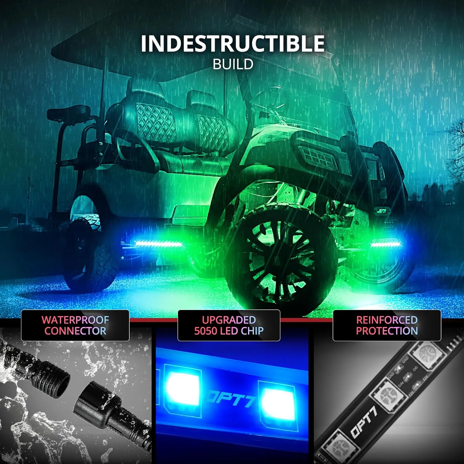 OPT7 Aura DreamColor Golf Cart Underglow LED Chasing Light Kit with App & Remote Control, 4PC Waterproof RGB-IC Lighting Strips, Sound Activated Exterior Underbody Lights for EZGO Yamaha Club Car, 12V