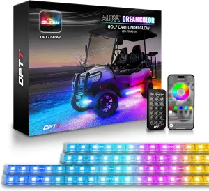 OPT7 Aura DreamColor Golf Cart Underglow LED Chasing Light Kit with App & Remote Control, 4PC Waterproof RGB-IC Lighting Strips, Sound Activated Exterior Underbody Lights for EZGO Yamaha Club Car, 12V