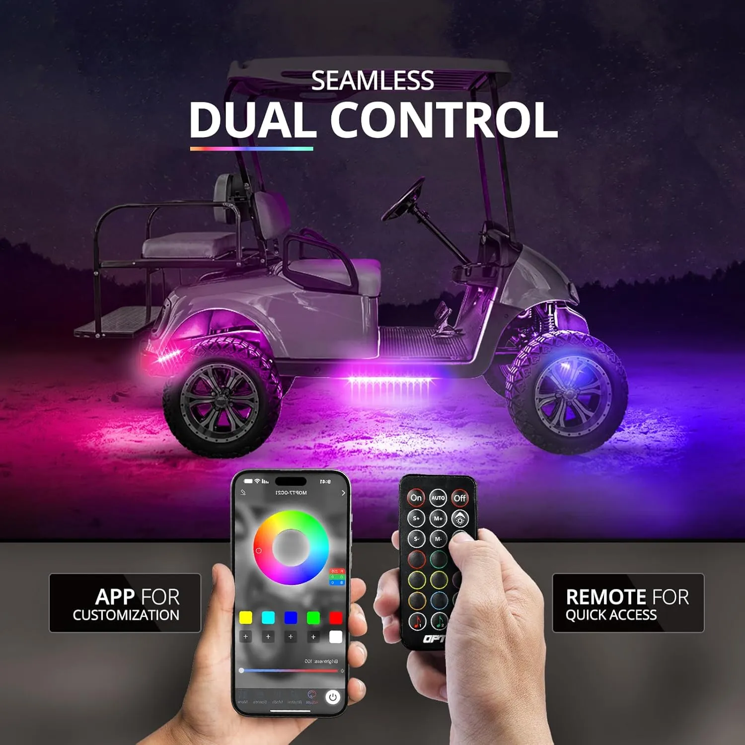 OPT7 Aura DreamColor Golf Cart Underglow LED Chasing Light Kit with App & Remote Control, 4PC Waterproof RGB-IC Lighting Strips, Sound Activated Exterior Underbody Lights for EZGO Yamaha Club Car, 12V