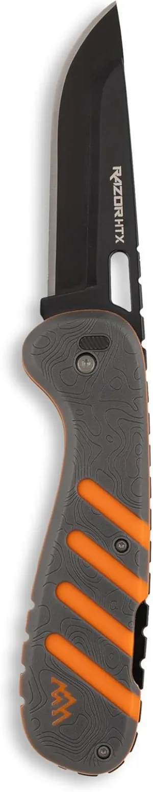 OUTDOOR EDGE Razor HTX 3.5" Folding Replaceable Hunting Knife | 5 Black Drop Point, 1 Stainless Gut & 1 Replaceable Saw | Blade Pod Included with Gray and Orange Multi-Function Hunting Knife | Must Have for Field Dressing Elk and Deer