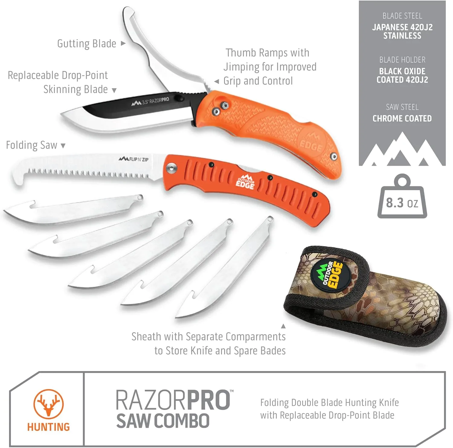 Outdoor Edge RazorPro - Double Blade Folding Hunting Knife with 3.5" Replaceable Razor Blade, Gutting Blade, Folding Wood/Bone Saw and Nylon Sheath