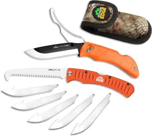 Outdoor Edge RazorPro - Double Blade Folding Hunting Knife with 3.5" Replaceable Razor Blade, Gutting Blade, Folding Wood/Bone Saw and Nylon Sheath