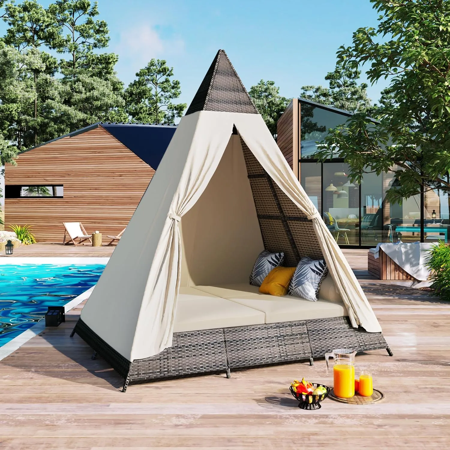 Outdoor Patio Daybed with Cushions, 90.5" Length Sunbed with Colorful Pillows, Tent Shape Patio Sunbed, Wicker Patio Daybed for Poolside Garden Lawn Backyard, Brown and Beige