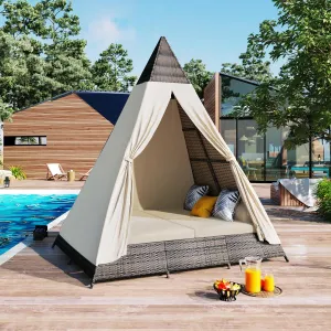 Outdoor Patio Daybed with Cushions, 90.5" Length Sunbed with Colorful Pillows, Tent Shape Patio Sunbed, Wicker Patio Daybed for Poolside Garden Lawn Backyard, Brown and Beige