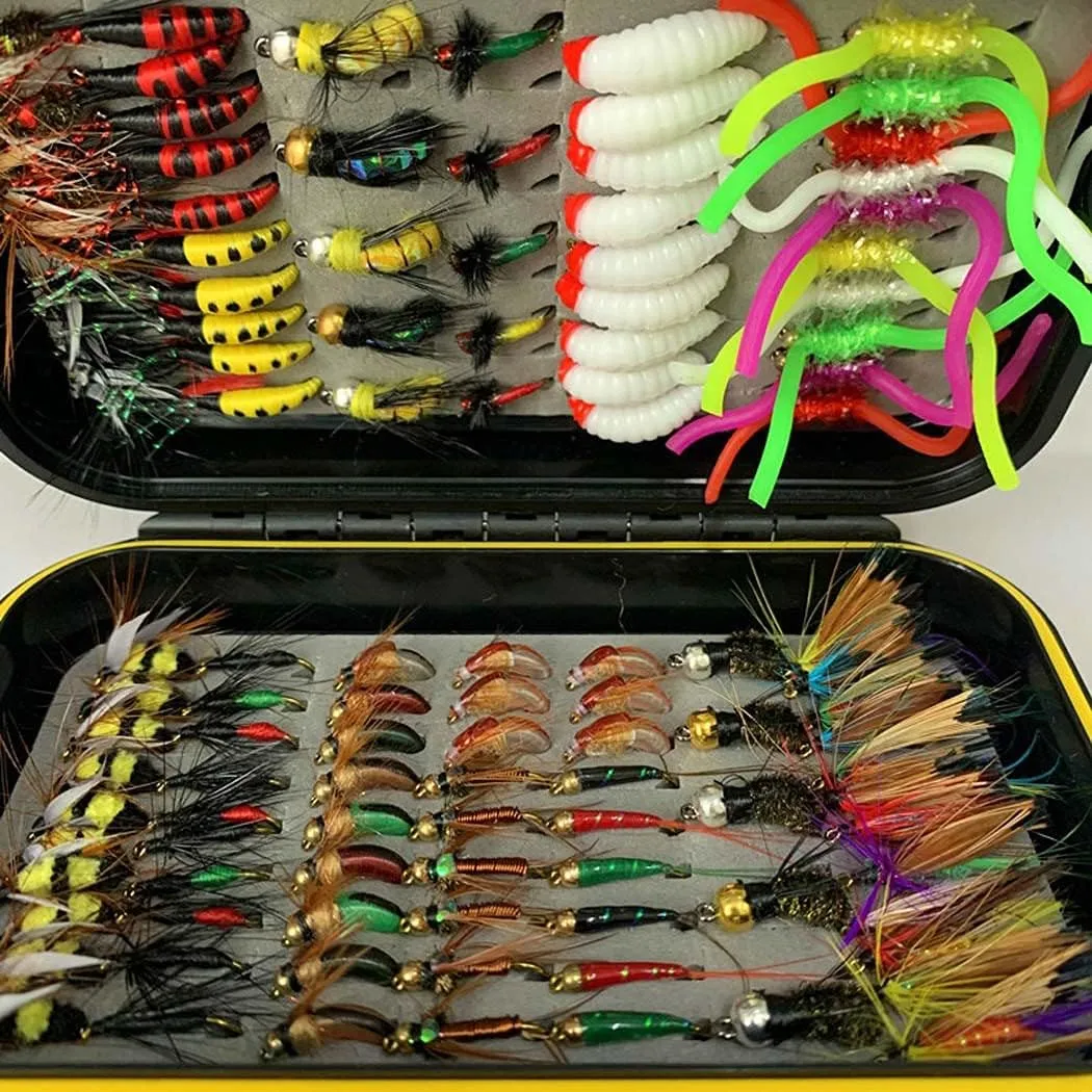 OutdoorFishing Fly Fishing Flies Kit Fly Assortment Trout Bass Fishing with Fly Box, 33/48/72/100/114/148pcs with Dry/Wet Flies, Nymphs, Streamers, Popper