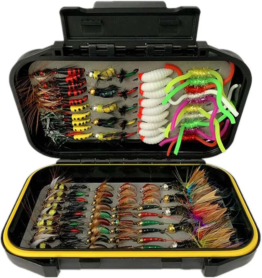 OutdoorFishing Fly Fishing Flies Kit Fly Assortment Trout Bass Fishing with Fly Box, 33/48/72/100/114/148pcs with Dry/Wet Flies, Nymphs, Streamers, Popper