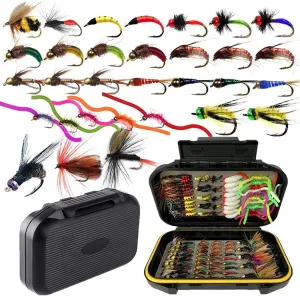 OutdoorFishing Fly Fishing Flies Kit Fly Assortment Trout Bass Fishing with Fly Box, 33/48/72/100/114/148pcs with Dry/Wet Flies, Nymphs, Streamers, Popper