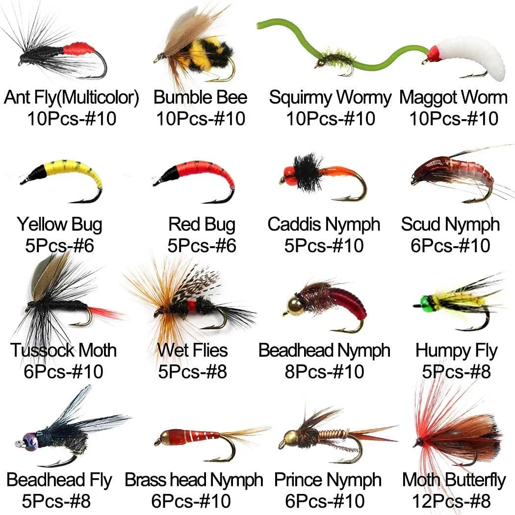 OutdoorFishing Fly Fishing Flies Kit Fly Assortment Trout Bass Fishing with Fly Box, 33/48/72/100/114/148pcs with Dry/Wet Flies, Nymphs, Streamers, Popper