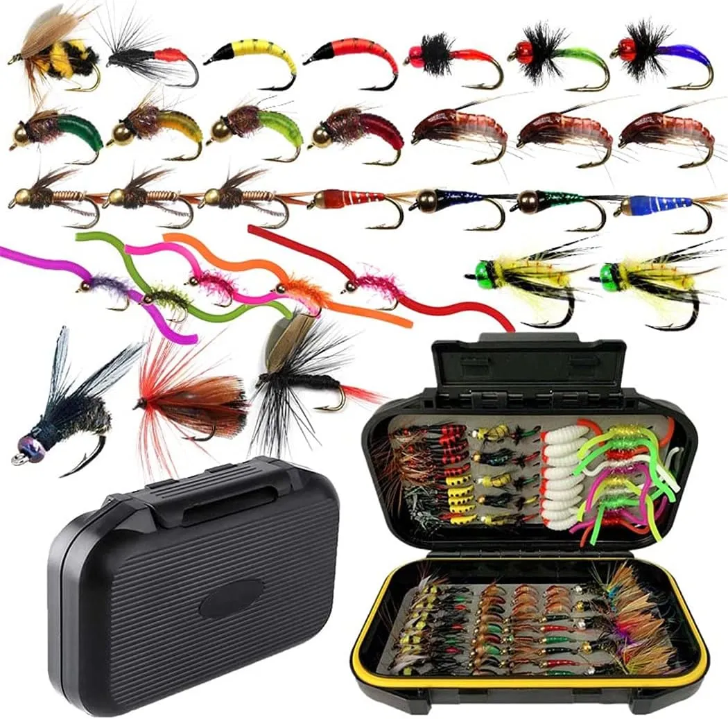 OutdoorFishing Fly Fishing Flies Kit Fly Assortment Trout Bass Fishing with Fly Box, 33/48/72/100/114/148pcs with Dry/Wet Flies, Nymphs, Streamers, Popper