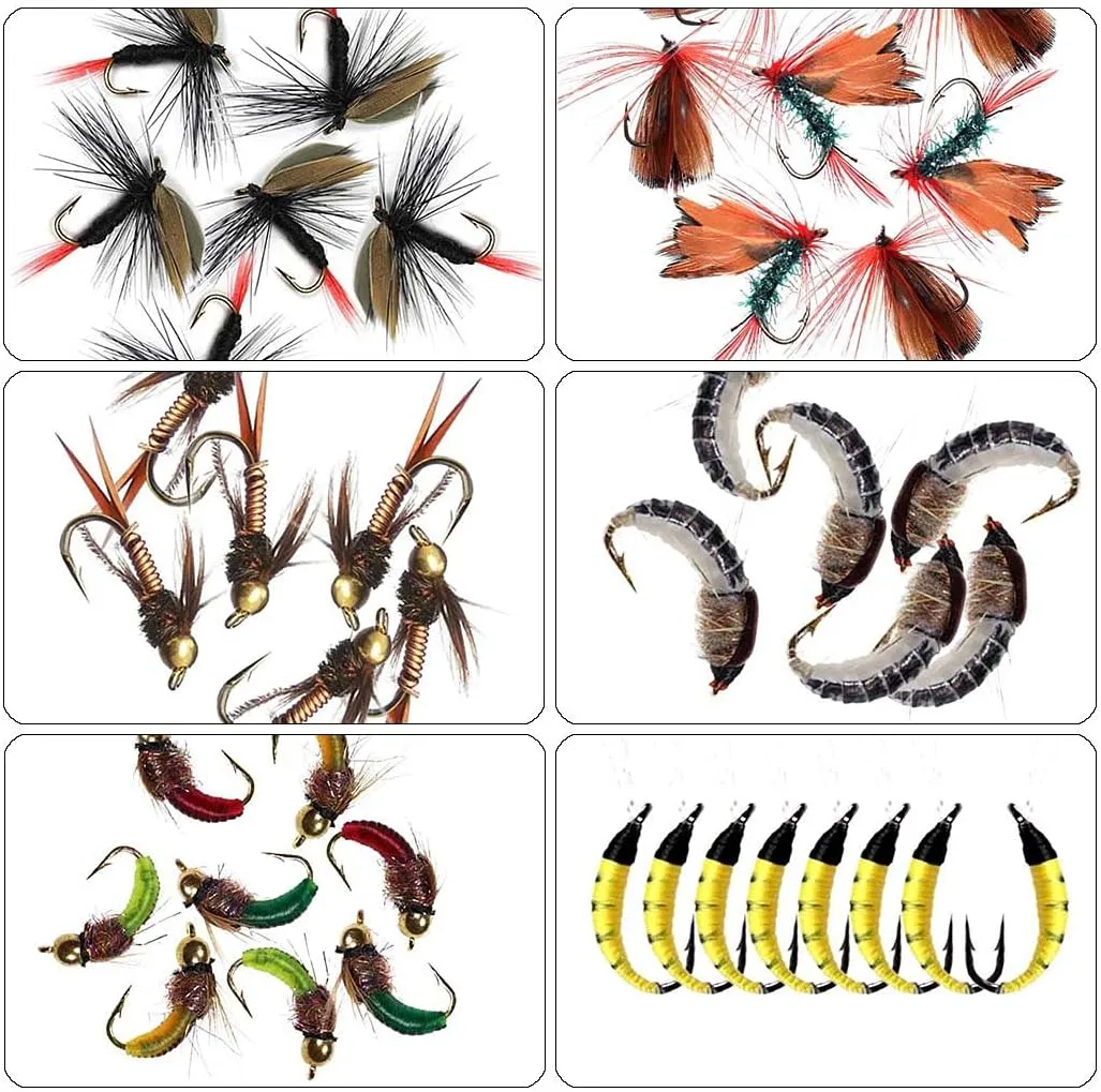 OutdoorFishing Fly Fishing Flies Kit Fly Assortment Trout Bass Fishing with Fly Box, 33/48/72/100/114/148pcs with Dry/Wet Flies, Nymphs, Streamers, Popper