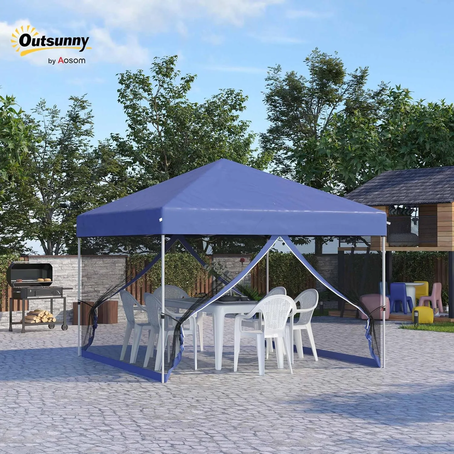 Outsunny 10' x 10' Pop Up Canopy Tent, Tents for Parties with Wheeled Carry Bag, Screen House Room, Height Adjustable Portable Gazebo, for Outdoor, Garden, Patio, Blue