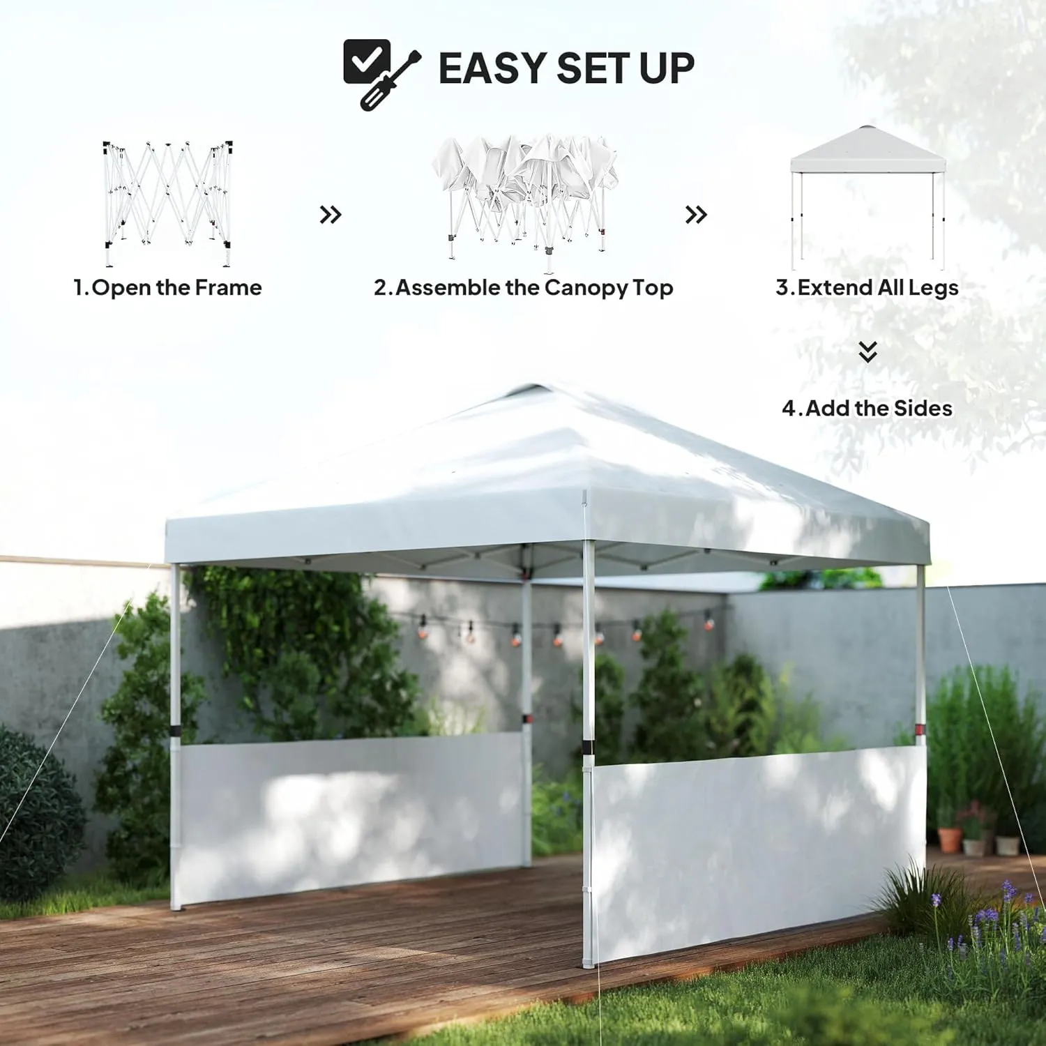 Outsunny 10' x 10' Pop Up Canopy Tent with 2 Half Sidewalls, UV50  Instant Sun Shelter, Tents for Parties, Height Adjustable, with Wheeled Carry Bag and 4 Sand Bags for Outdoor, Garden, White