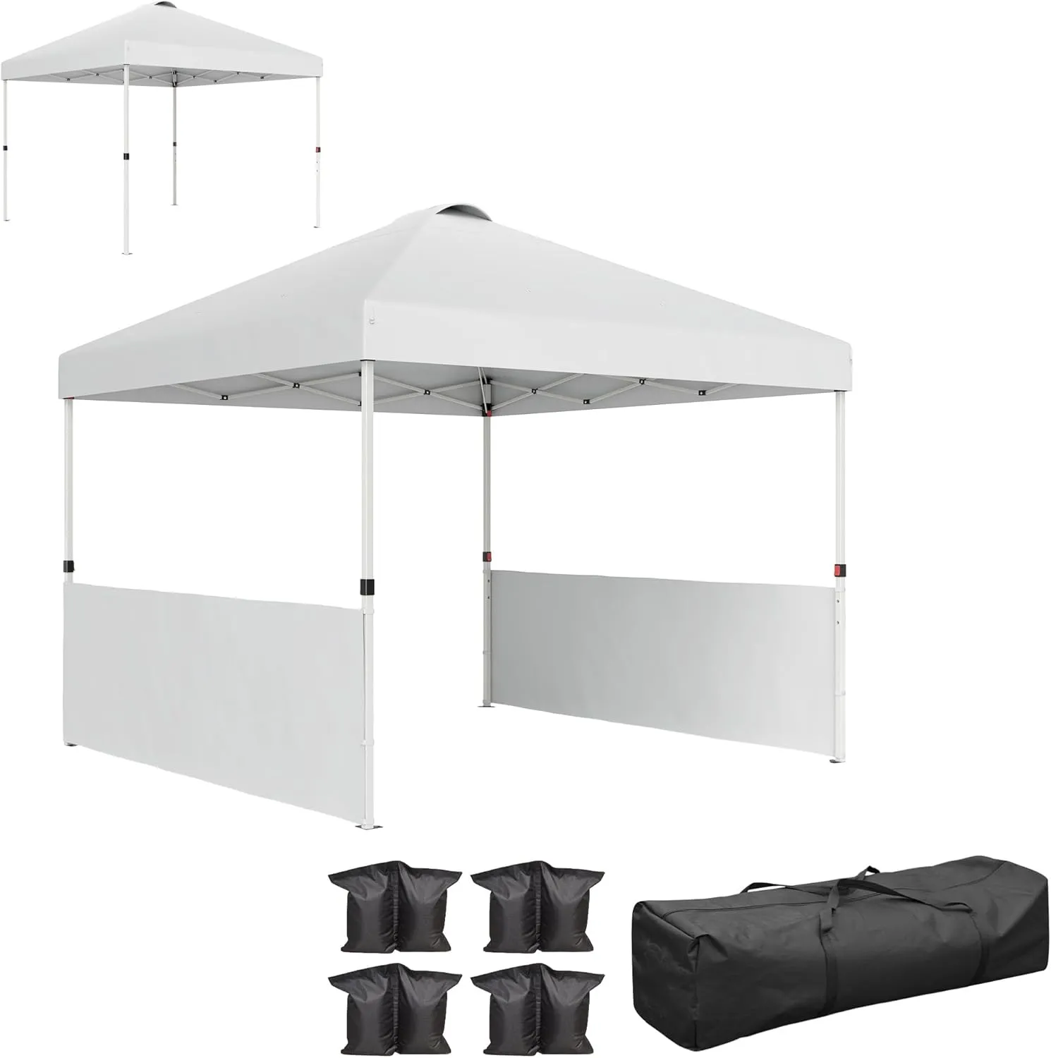 Outsunny 10' x 10' Pop Up Canopy Tent with 2 Half Sidewalls, UV50  Instant Sun Shelter, Tents for Parties, Height Adjustable, with Wheeled Carry Bag and 4 Sand Bags for Outdoor, Garden, White