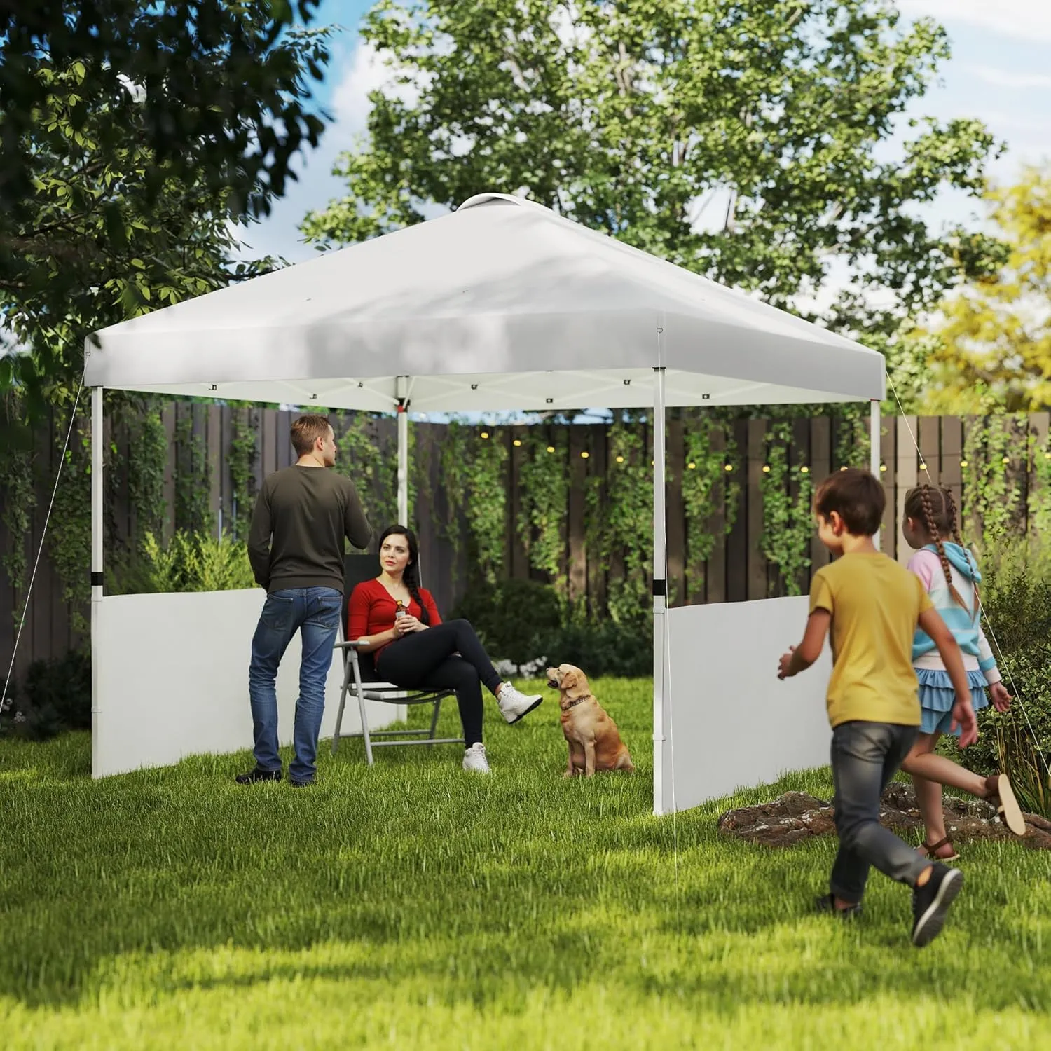 Outsunny 10' x 10' Pop Up Canopy Tent with 2 Half Sidewalls, UV50  Instant Sun Shelter, Tents for Parties, Height Adjustable, with Wheeled Carry Bag and 4 Sand Bags for Outdoor, Garden, White