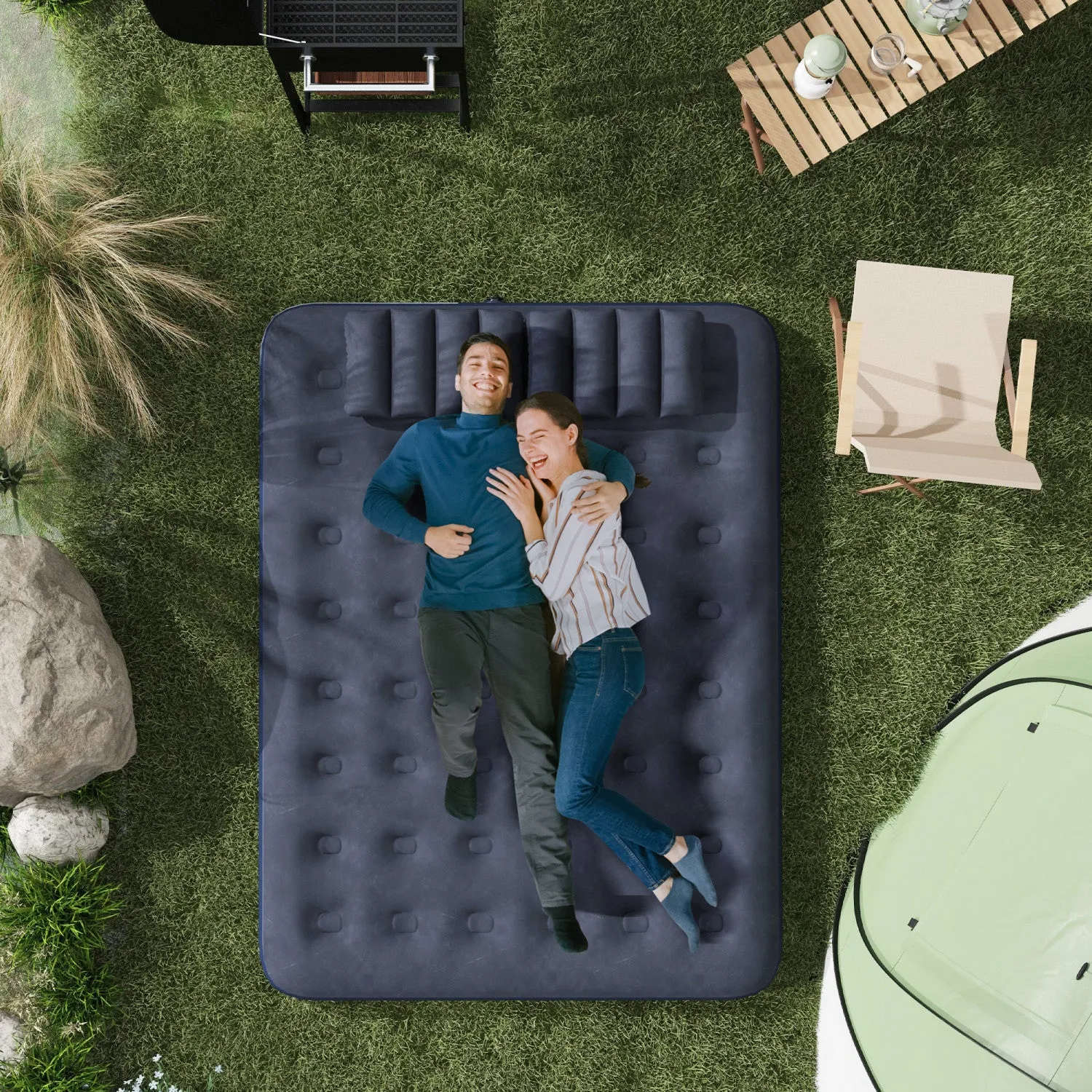 Outsunny Queen Air Mattress With 2 Pillows, Inflatable Double Air Bed, Blue