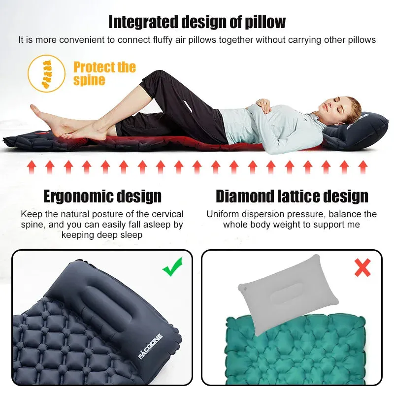 PACOONE Ultralight Inflatable Camping Mattress with Pillow and Built-in Pump
