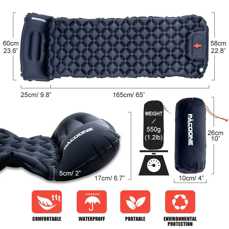 PACOONE Ultralight Inflatable Camping Mattress with Pillow and Built-in Pump