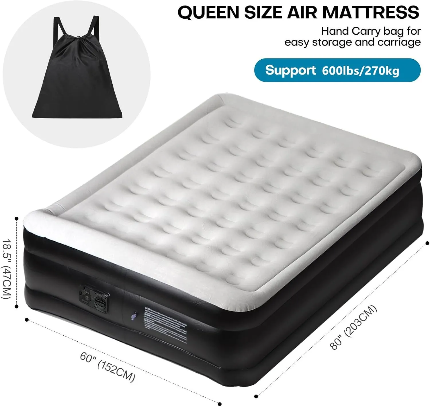 Panana Queen Air Mattress with Built in Electric Pump, Height 18.5" Comfort Blow up Inflatable Guest Air Bed Airbed with Flocked Top, Storage Bag for Family, Home, Camping