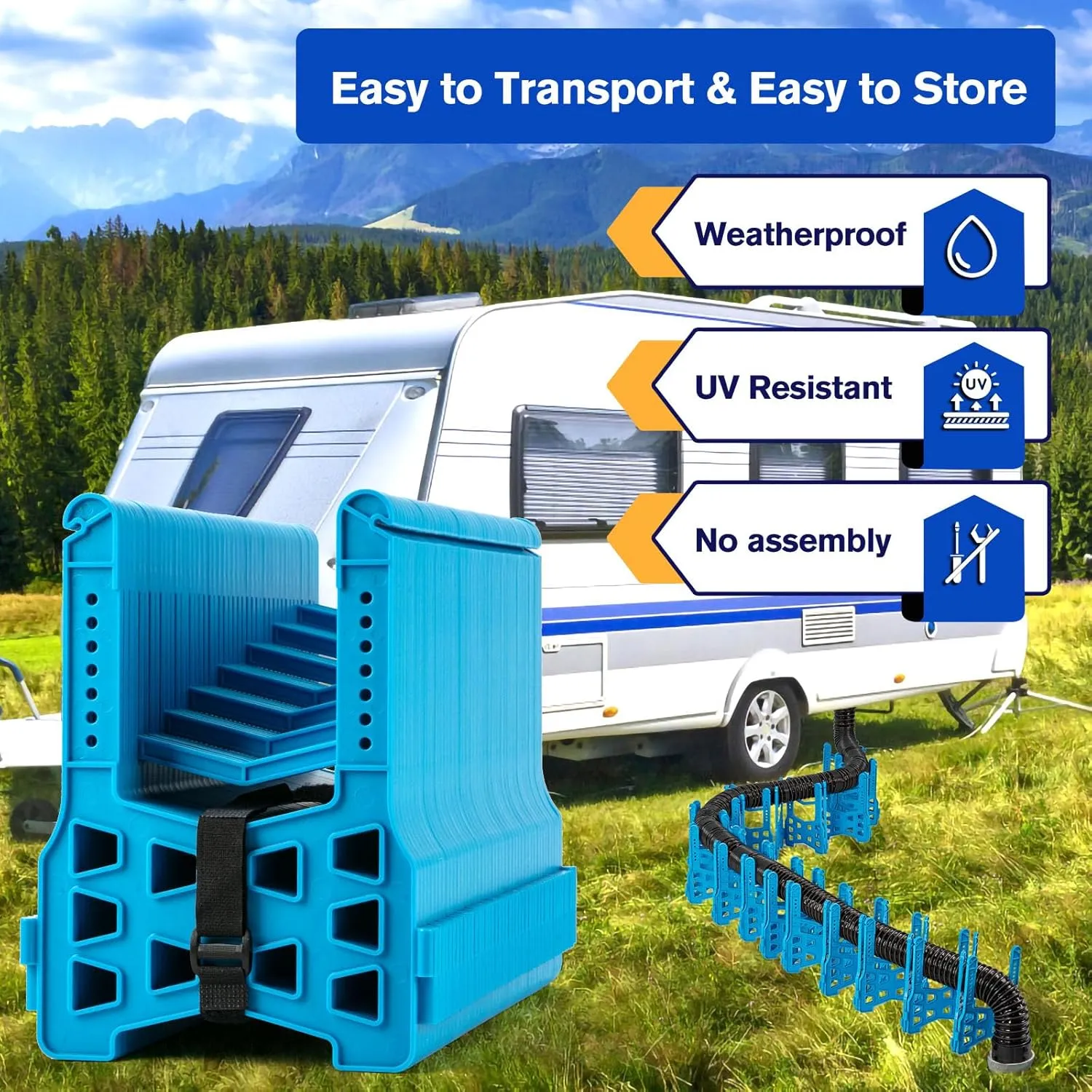 PAULINN RV Sewer Hose Support 15FT, Height Adjustable, Deep Cradles with Secure Rubber Band | Easy to use for Travel Trailers, RV, Campers