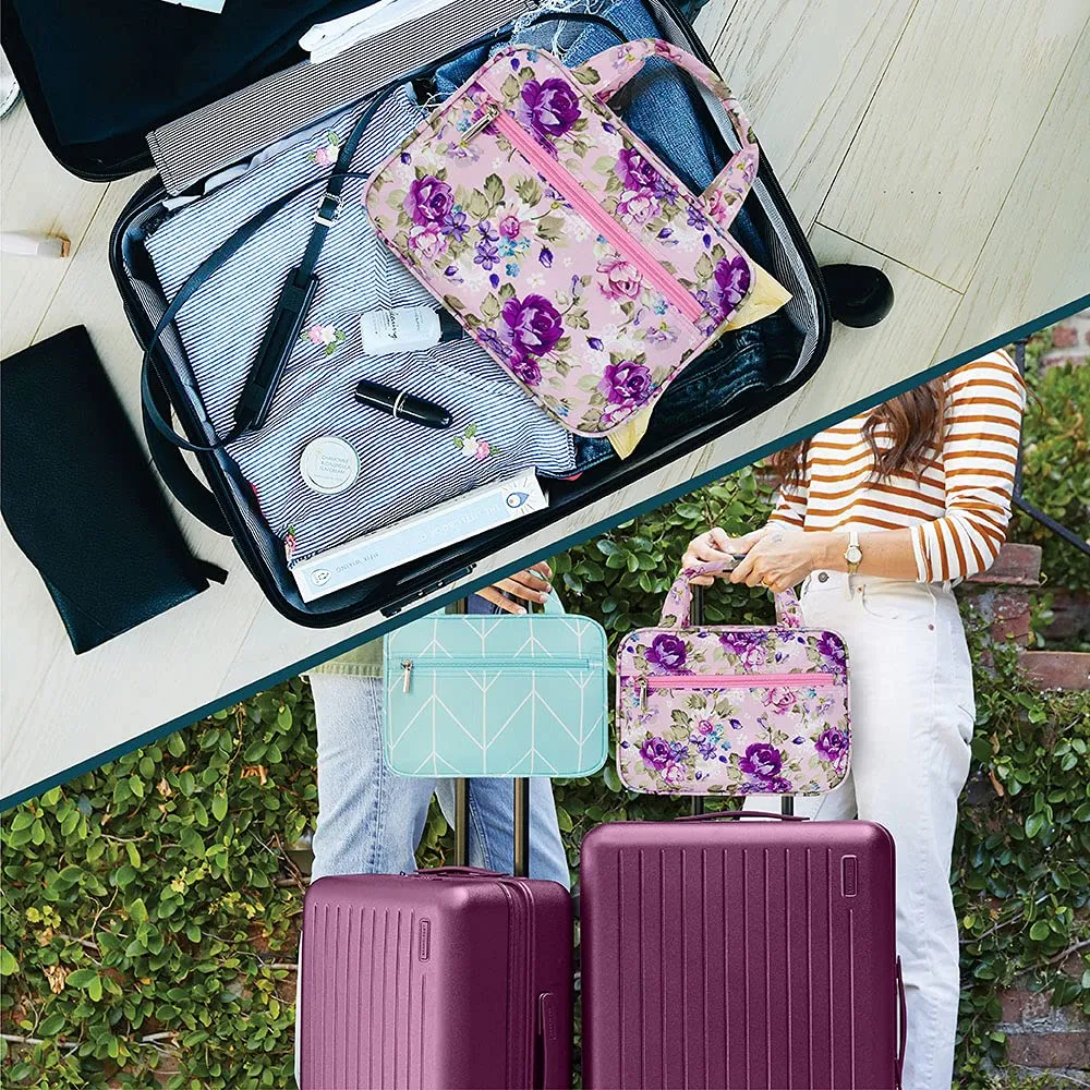 PAVILIA Hanging Toiletry Bag Travel Bag Women Men, Foldable Cosmetic Organizer, Roll up Makeup Bag, Water Resistant Accessories Toiletries, Large Travel Essentials Kit (Purple Floral)