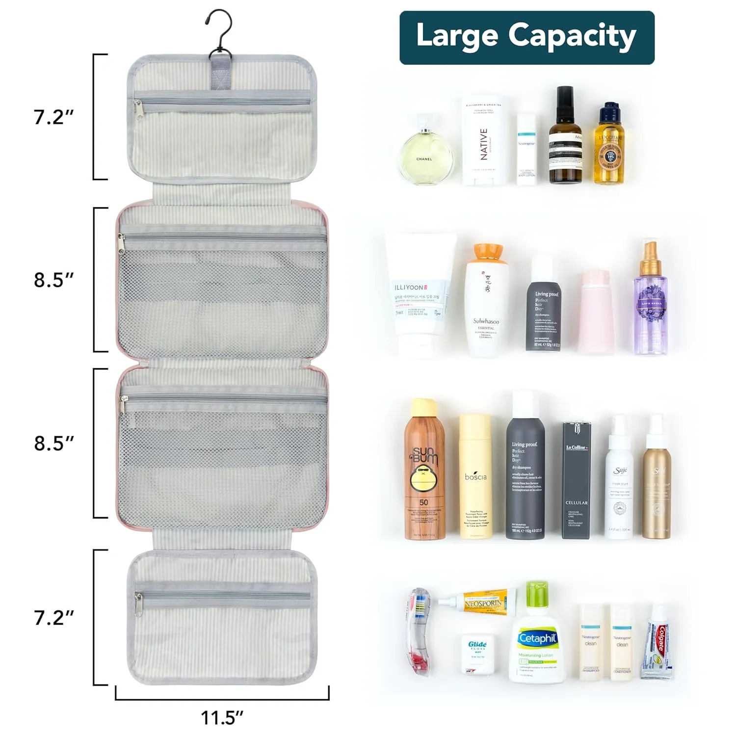 PAVILIA Hanging Toiletry Bag Travel Bag Women Men, Foldable Cosmetic Organizer, Roll up Makeup Bag, Water Resistant Accessories Toiletries, Large Travel Essentials Kit (Purple Floral)