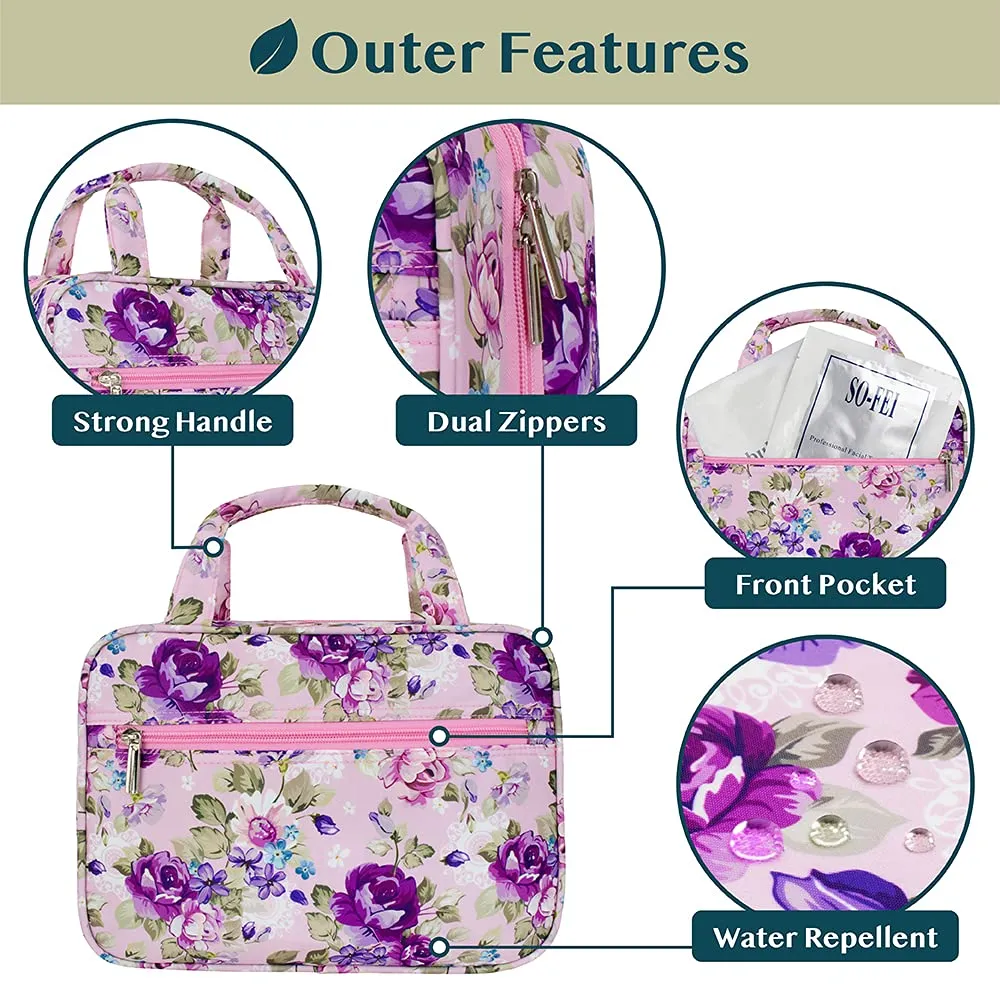 PAVILIA Hanging Toiletry Bag Travel Bag Women Men, Foldable Cosmetic Organizer, Roll up Makeup Bag, Water Resistant Accessories Toiletries, Large Travel Essentials Kit (Purple Floral)