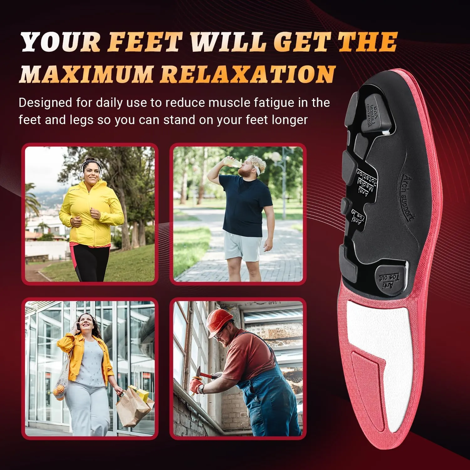 PCSsole Orthotic Arch Support Shoe Inserts Insoles for Flat Feet,Feet Pain,Plantar Fasciitis,Insoles for Men and Women Red