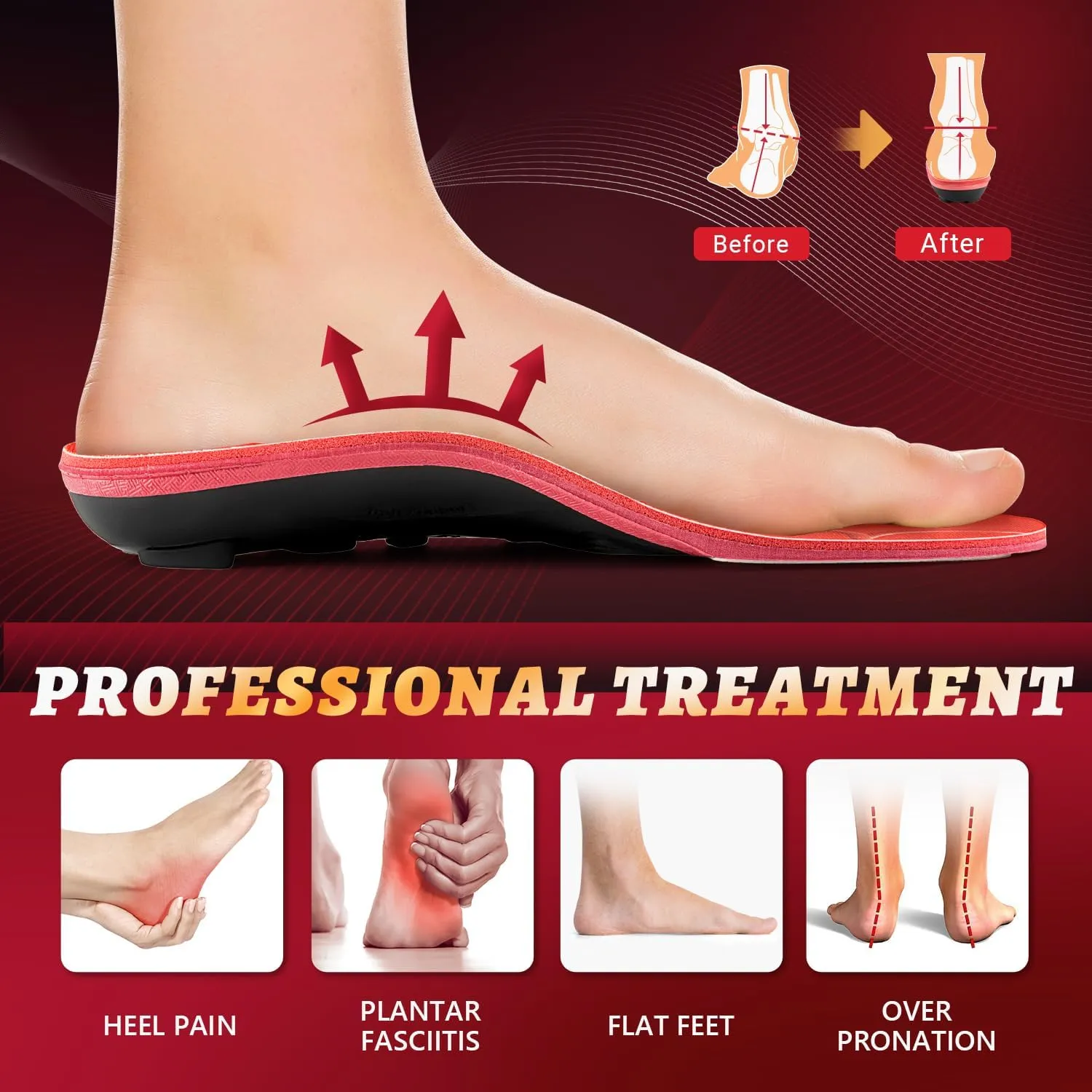 PCSsole Orthotic Arch Support Shoe Inserts Insoles for Flat Feet,Feet Pain,Plantar Fasciitis,Insoles for Men and Women Red