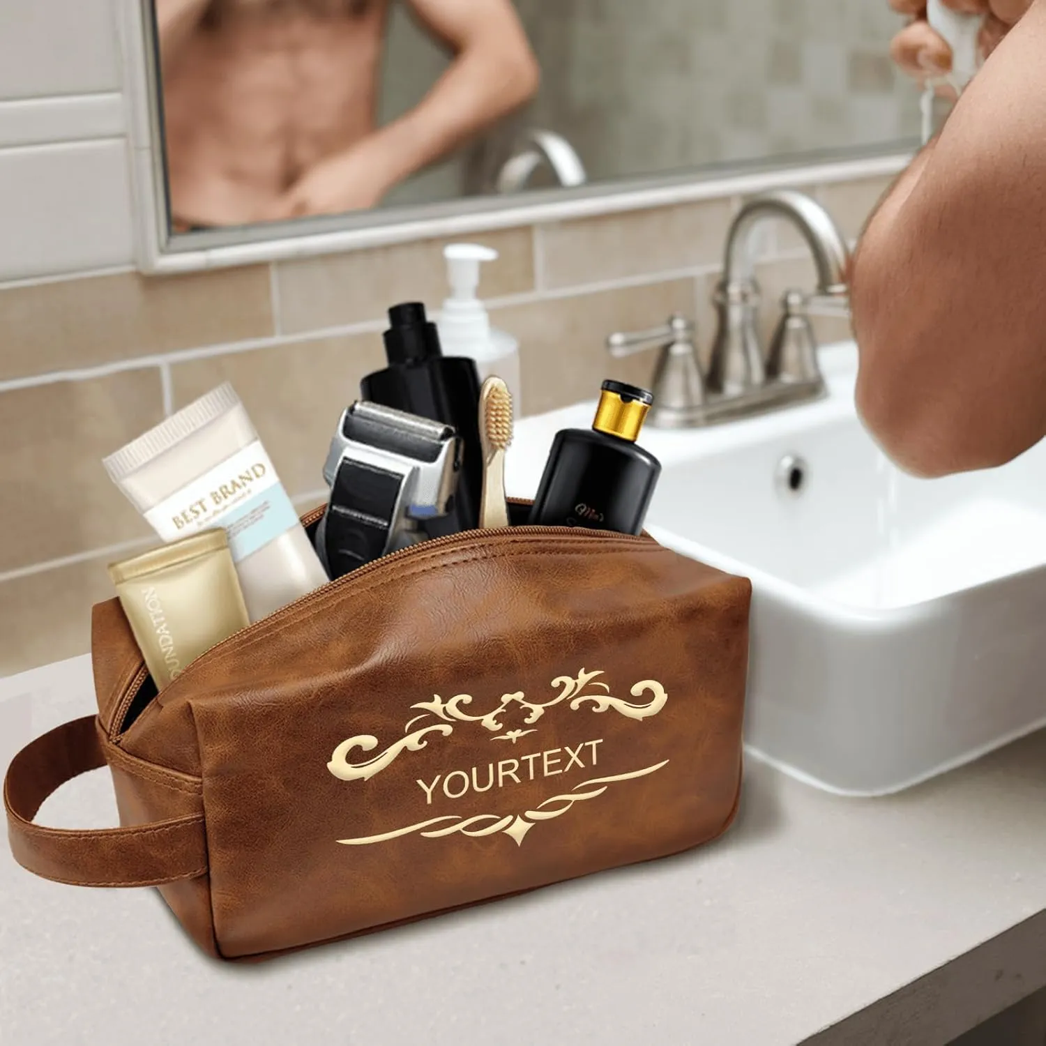 Personalized Toiletry Bag for Men - Custom Engraved Leather Travel Organizer, Waterproof Dopp Kit & Gifts for Dad, Husband, Boyfriend