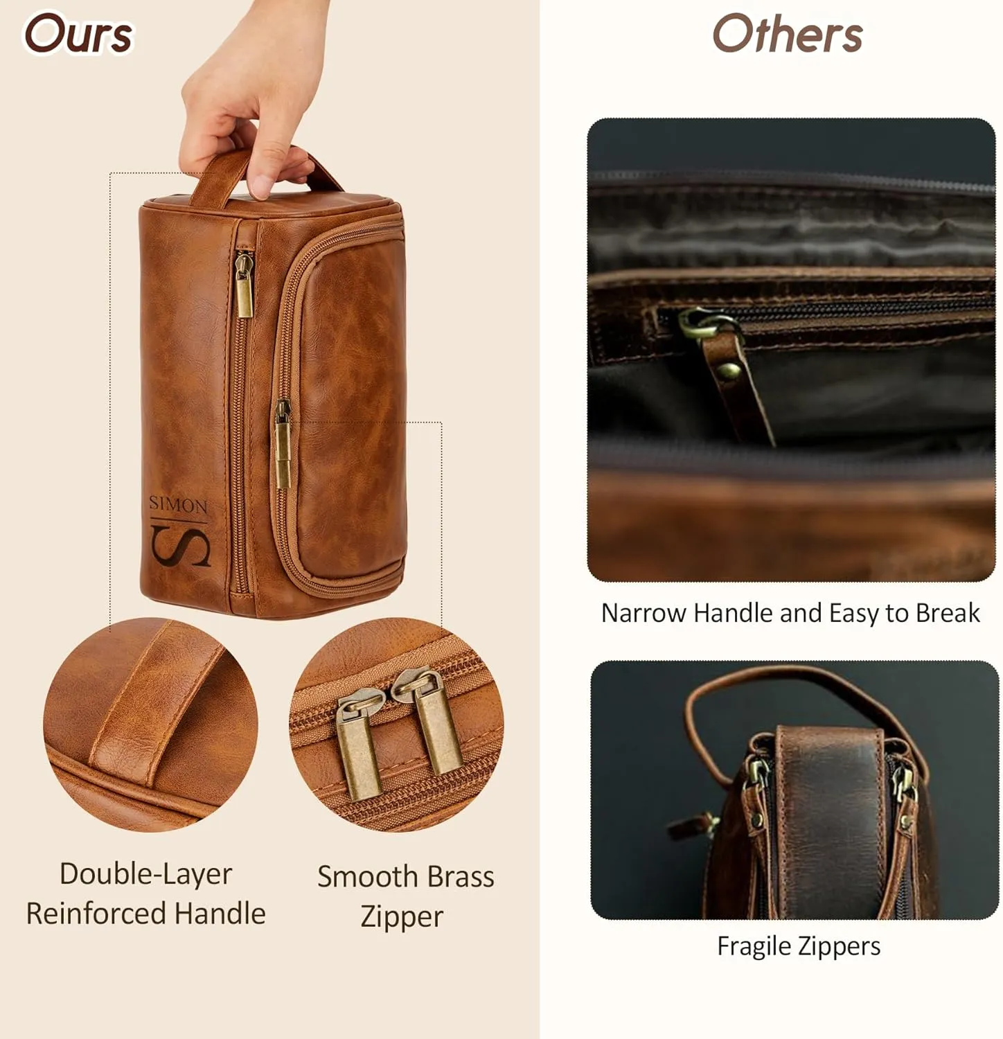 Personalized Travel Toiletry Bag - Double Layer Reinforced Handle,Smooth Brass Zipper Hanging Dopp Kit,3 Compartments,Travel Accessories,Mens Gifts