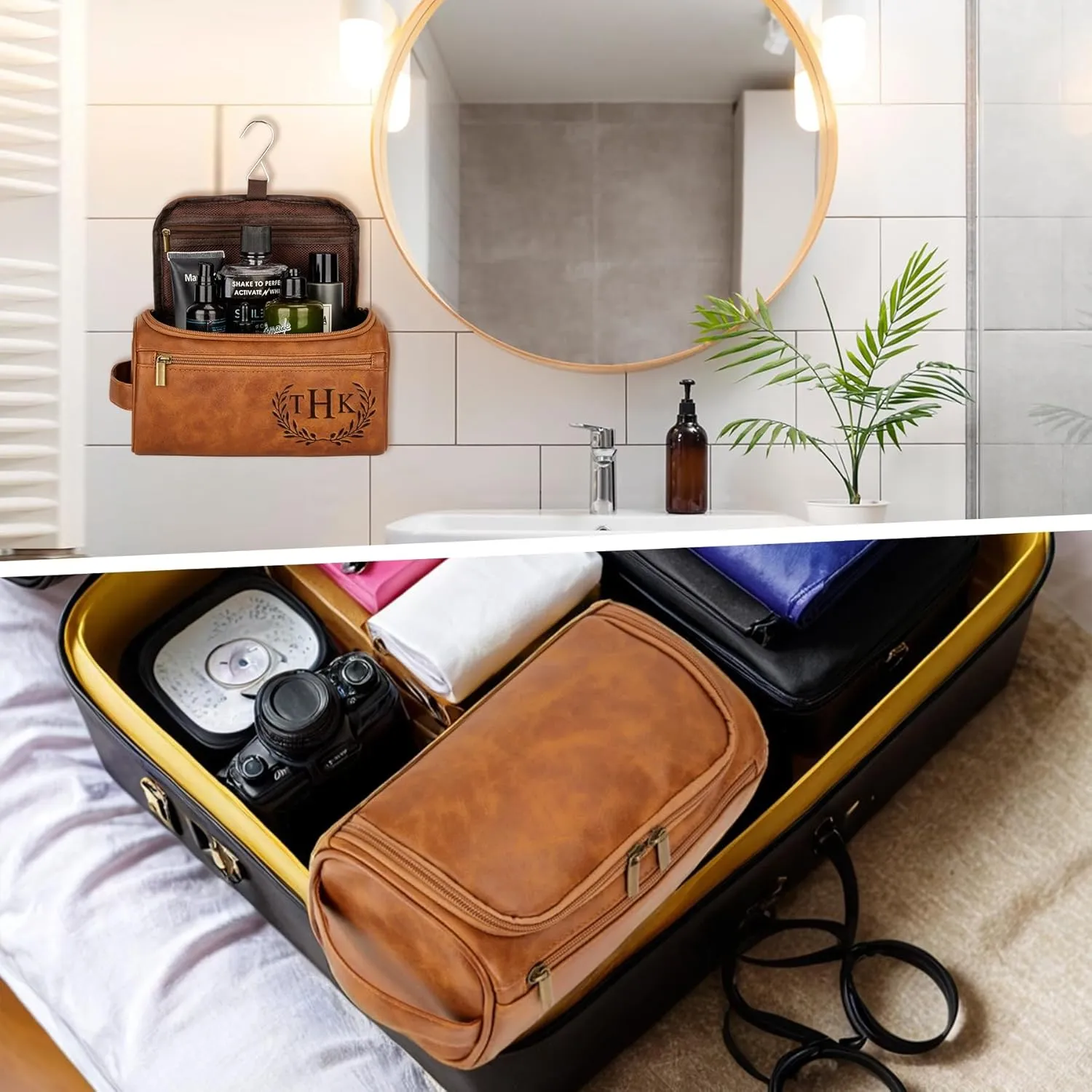 Personalized Travel Toiletry Bag - Double Layer Reinforced Handle,Smooth Brass Zipper Hanging Dopp Kit,3 Compartments,Travel Accessories,Mens Gifts