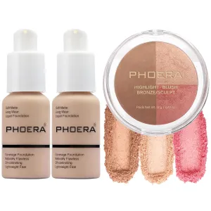 PHOERA Foundation, Contour Palette, Shades With Highlighter, Bronzer & Blush, Makeup Lightweight Long Lasting Wrinkles Matte Natural Finish (102 102  #002 Contour/Nude  Nude #002)