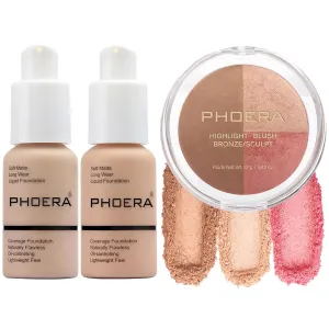 PHOERA Foundation, PHOERA Contour Palette,Shades with Highlighter & Bronzer & Blush,PHOERA Makeup Lightweight Long Lasting Wrinkles Matte Natural Finish (102 103  #002 Contour/Nude Warm peach #002)