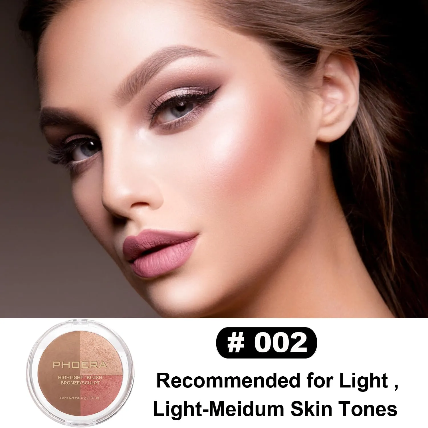 PHOERA Foundation, PHOERA Contour Palette,Shades with Highlighter & Bronzer & Blush,PHOERA Makeup Lightweight Long Lasting Wrinkles Matte Natural Finish (102 103  #002 Contour/Nude Warm peach #002)