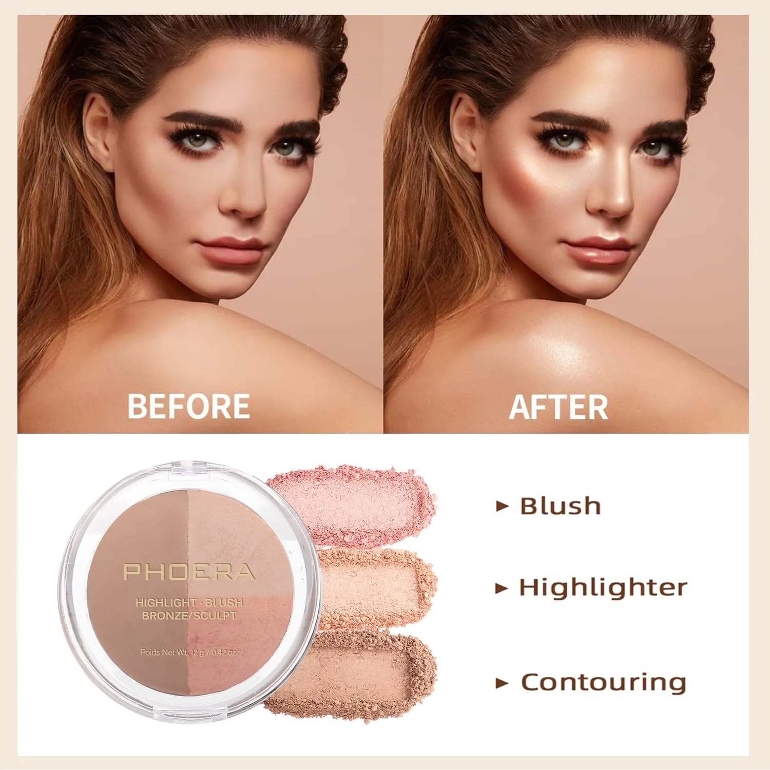 PHOERA Foundation, PHOERA Contour Palette,Shades with Highlighter & Bronzer & Blush,PHOERA Makeup Lightweight Long Lasting Wrinkles Matte Natural Finish (102 103  #002 Contour/Nude Warm peach #002)