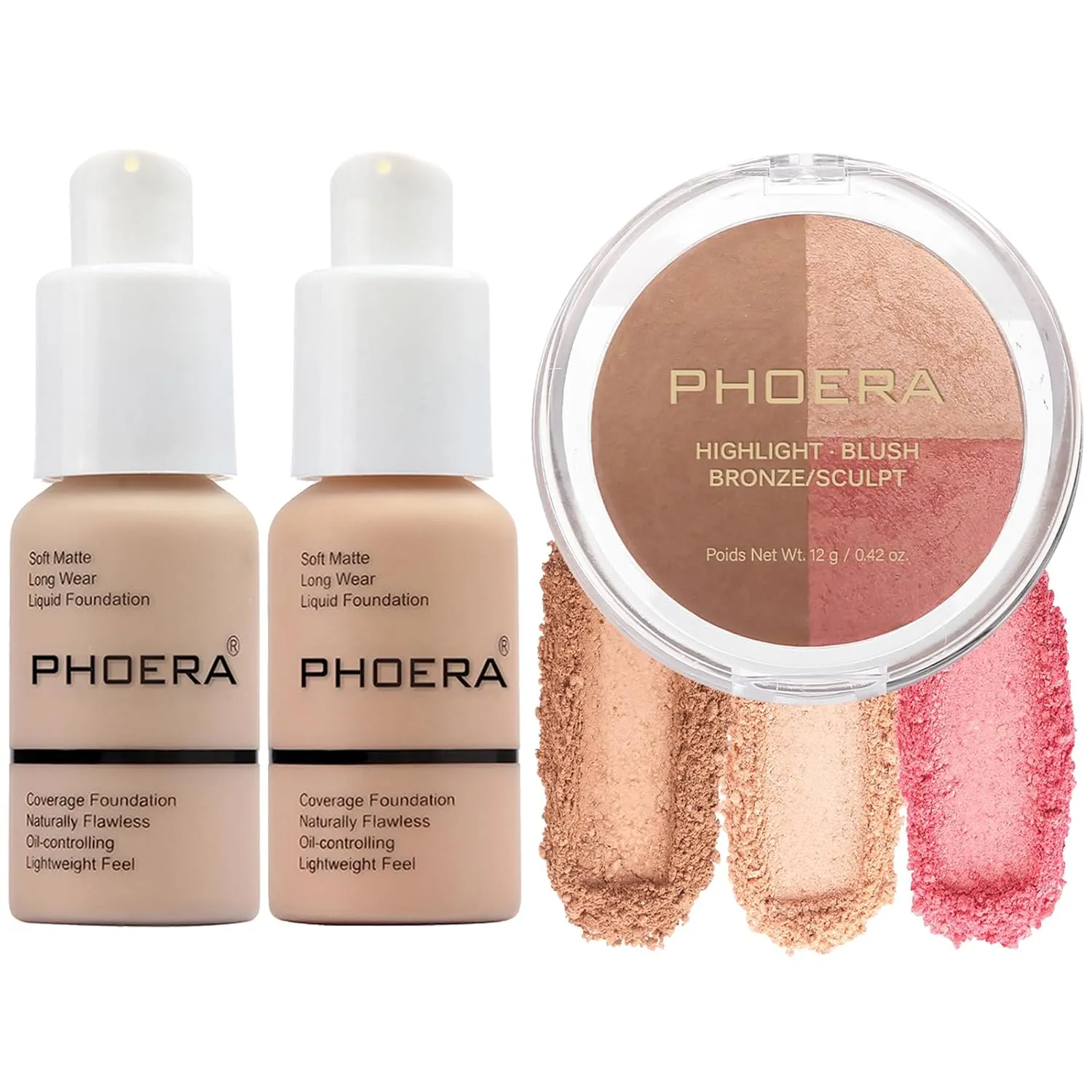 PHOERA Foundation, PHOERA Contour Palette,Shades with Highlighter & Bronzer & Blush,PHOERA Makeup Lightweight Long Lasting Wrinkles Matte Natural Finish (102 103  #002 Contour/Nude Warm peach #002)