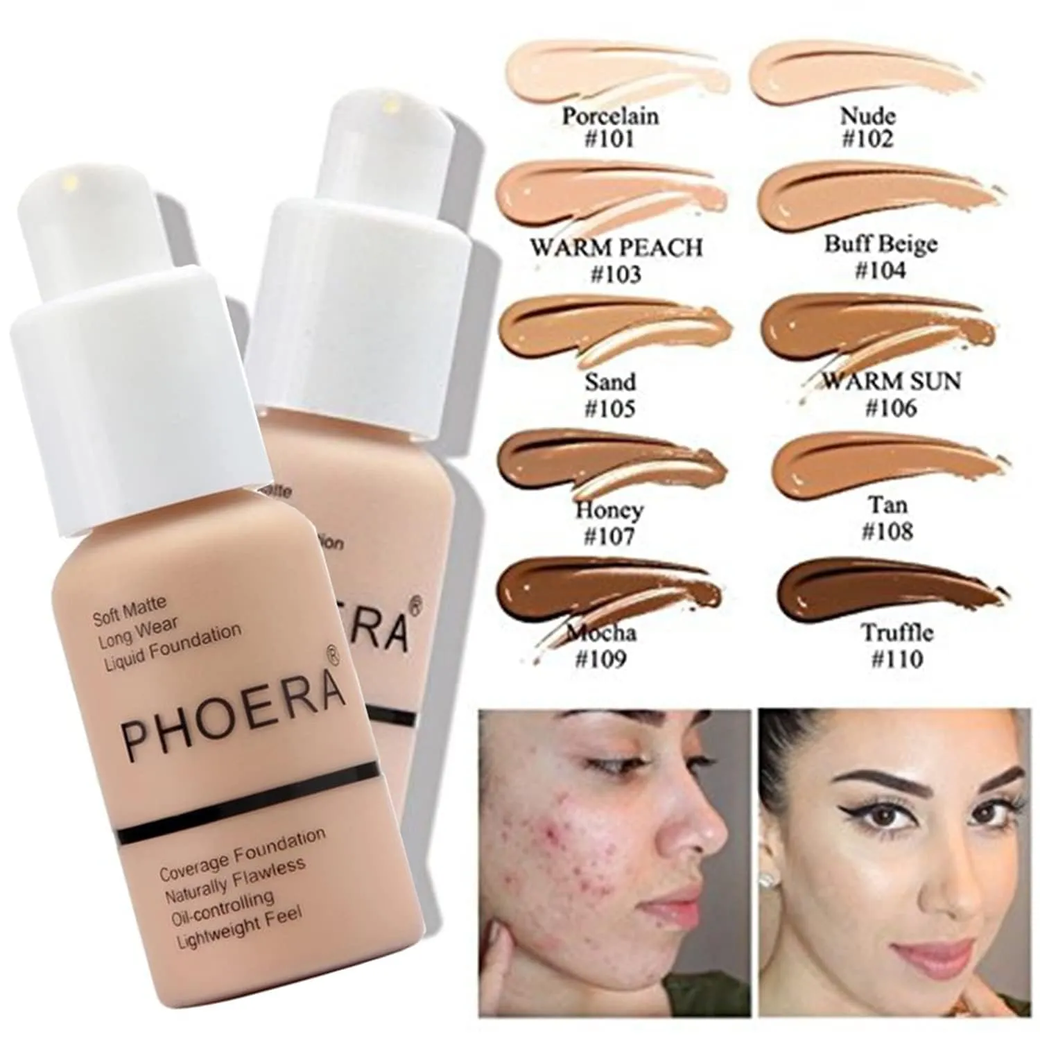 Phoera Foundation,Full Coverage Foundation, Hilareco Concealer Foundation Flawless 30ml Natural Matte Oil Control Concealer Facial Blemish for Women Girls (2 PCS 109-Mocha)