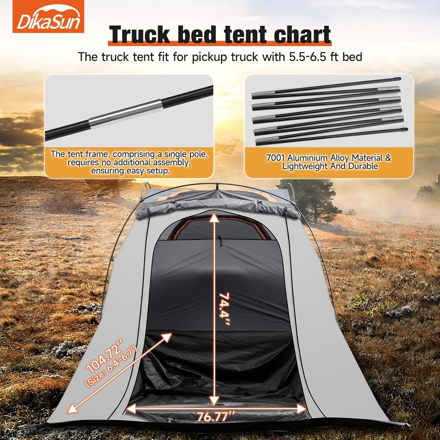 Pickup Truck Bed Tent: Double Layer 10-Minute Quick Setup Pickup Tent 6.4-6.7 Ft, Waterproof PU3000mm Tear-Resistant Truck Tent for Camping (Grey)